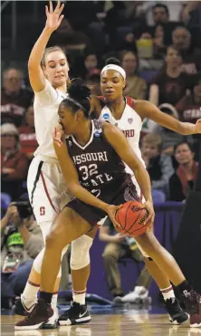  ?? Nam Y. Huh / Associated Press ?? Missouri State’s Jasmine Franklin tries to drive against Stanford’s Maya Dodson (right) and Alanna Smith, who led the Cardinal with 13 points despite being in foul trouble.