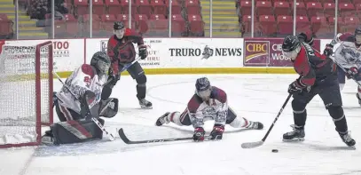  ?? RICHARD MACKENZIE ?? Bearcats’ forward Caleb Hart tries to find linemate Holden Kodak off the side of the Valley goal during Truro’s recent 5-3 victory at the Rath Eastlink Community Centre.