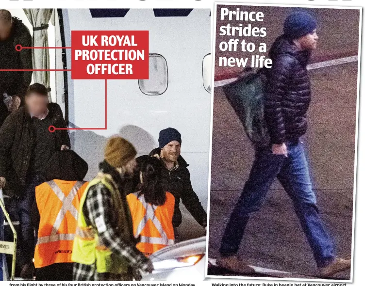  ??  ?? UK ROYAL PROTECTION OFFICER Prince strides off to a new life
Walking into the future: Duke in beanie hat at Vancouver airport