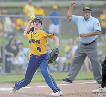  ??  ?? West Greene’s Madison Lampe gets the forceout at third and throws to first to attempt to complete a double play against Monessen in a Class 1A semifinal victory for the Pioneers.