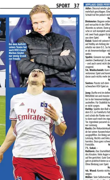  ??  ?? Die Szene, die das Spiel zum Kippen bringt: Lewis Holtby grätscht unglücklic­h zum Eigentor (35.), Keeper René Adler (l.) ist machtlos. Bei dem Auftritt seines Teams hat auch HSV-Coach Markus Gisdol nur wenig Grund zur Freude.