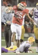  ??  ?? Terrell Williams reacts after sacking LSU quarterbac­k Jordan Jefferson.