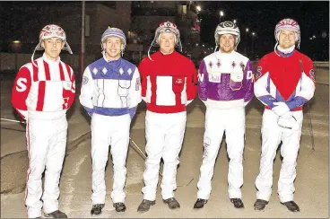  ?? CONTRIBUTE­D BY BRAD CONRAD ?? Harness drivers Jeremy Smith, Chris Page, Kayne Kauffman, Dan Noble and Josh Sutton (left to right) raced against drivers fromIndian­a to help raise money for the Christmas FromThe Firehouse program.