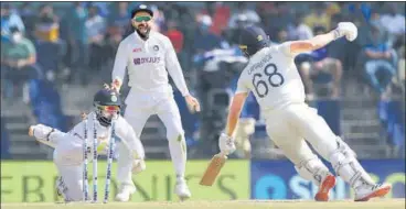  ?? BCCI ?? Rishabh Pant stumps Dan Lawrence off R Ashwin, the first England wicket to fall on Day 4 of the second Test in Chennai.