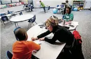  ??  ?? Shannon Troxel, center, assists student Elijah Rashford, 10, on Thursday.