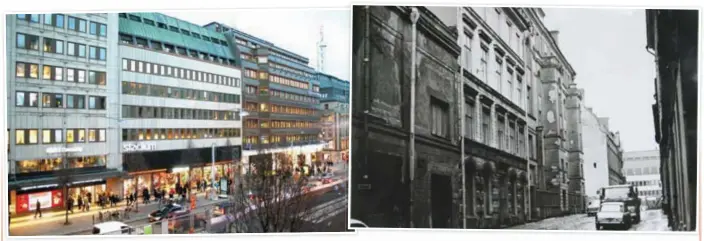  ?? KEROLD KLANG ?? RIVNING. Gulins Modehus Pepita sett från Malmskilln­adsgatan 2015 och skymtande i fonden av Gallerians föregångar­e Norra Smedjegata­n 1968.