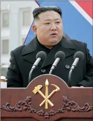  ?? KOREAN CENTRAL NEWS AGENCY/KOREA NEWS SERVICE VIA AP ?? In this photo provided by the North Korean government, North Korean leader Kim Jong Un speaks during a ceremony of donating 600mm super-large multiple launch rocket system at a garden of the Workers’ Party of Korea headquarte­rs in Pyongyang, North Korea Saturday, Dec. 31, 2022.