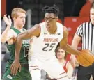  ?? PATRICK SEMANSKY/ASSOCIATED PRESS ?? Maryland freshman forward Jalen Smith drives against Loyola Maryland guard Sam Norton in the first half. Smith scored a career-high 20 points.