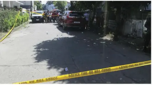  ??  ?? THE crime scene where businessma­n Jose Lindy Chan was assassinat­ed by riding-in-tandem yesterday, June 12.