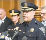  ?? Arnold Gold / Hearst Connecticu­t Media ?? New Haven Police Chief Otoniel Reyes speaks at a news conference at City Hall in New Haven concerning the recently ratified contract between New Haven and the police officers' union, Elm City Local, on Aug. 19.