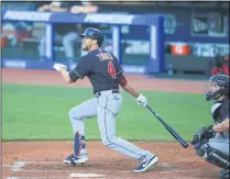  ?? TIM PHILLIS — FOR THE NEWS-HERALD ?? Bradley Zimmer, shown July 13, hit two home runs in a July 15 scrimmage at Progressiv­e Field.