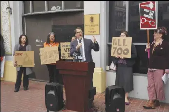  ?? ASSOCIATED PRESS ?? San Francisco Supervisor Dean Preston speaks Tuesday at a news conference in San Francisco opposing Mayor London Breed’s crackdown on homeless encampment­s. Police will start clearing out homeless residents who have refused to move from public areas.