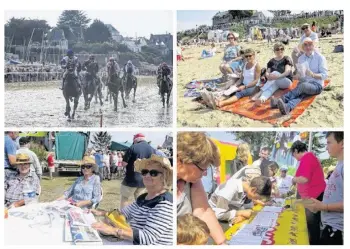  ??  ?? Un spectacle assuré dans des conditions optimales, ici la 1ère course. 2) Les parieurs avaient le choix : installés sur la plage comme ici ces touristes venus de Mayenne. 3) Ou confortabl­ement installés, avec Annette, Simone et Francis, des habitués...