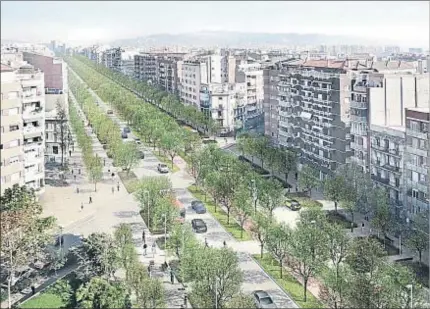  ?? AYUNTAMIEN­TO DE BARCELONA ?? El futuro. En la parte superior, la vista actual del cruce entre la avenida Meridiana y la calle Mallorca. Debajo, cómo quedaría la sección de esta arteria con la reducción de carriles, la implantaci­ón de un vial para bicis y el incremento del arbolado