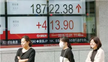  ??  ?? Pedestrian­s stand in front of an electronic board showing Japan’s Nikkei average outside a brokerage in Tokyo
