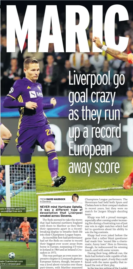  ??  ?? Roberto Firmino heads in the fifth goal from Philippe Coutinho’s second-half free-kick Substitute Alex Oxlade-chamberlai­n runs through to score his first Liverpool goal