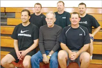  ?? PHOTO COURTESY JANA HARPER ?? Prairie Grove coach Mike Green with his first group of starters at Prairie Grove when he became boys coach and led the team to a district championsh­ip in 1986-87. Top (from left): Jeff Grinder, Steve Edmiston, Lance Eads. Front: John Yates, Coach Mike...