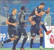  ?? PTI ?? ▪ Marcinho of Northeast United FC celebrates after a goal during the Indian Super League match against Delhi Dynamos.