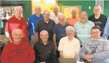  ?? KEITH GROLLER/MORNING CALL ?? Al Neff was joined by several of his former Emmaus High football players at a party for his 97th birthday last week. First row: Vern Arndt, left, Ron Montz, Al Neff, Harold Serfass. Second row: Dave Dennis, left, Jim Warmkessel, Henry Schmoyer, Larry Hillegas, Bob Flower, Ron Lauchnor, Fred Keiper, Neil Moser and Harold Strunk.