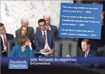  ?? Contribute­d photo ?? Sen. Richard Blumenthal questions Facebook CEO Mark Zuckerberg before a joint hearing of the Commerce and Judiciary Committees on Capitol Hill in Washington on April 10, 2018.