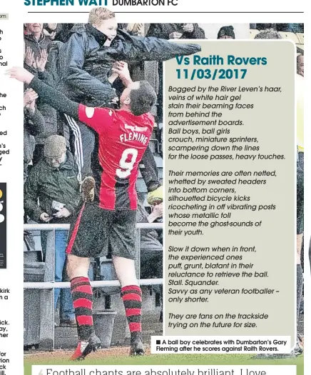  ??  ?? ■ A ball boy celebrates with Dumbarton’s Gary Fleming after he scores against Raith Rovers.