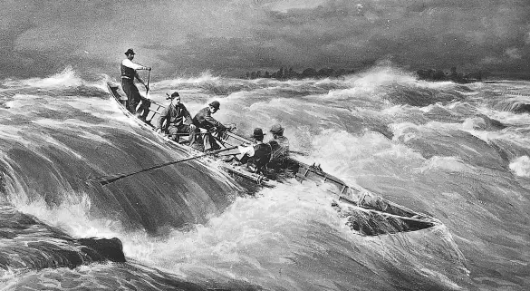  ??  ?? A ten-metre-long lumberman’s batteau, a more modern version of the hardy craft used on the St. Lawrence River, navigates through the Lachine Rapids. The picture was staged by famed photograph­er William Notman in the yard behind his studio to recreate a real incident from January 1, 1878.