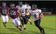  ?? AUSTIN HERTZOG — DIGITAL FIRST MEDIA ?? Interboro running back Andrew Grieb directs his blockers on a run around end Friday night against Pottsgrove. The Bucs went down in the Class 4A playoff game 33-8.
