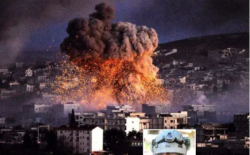  ??  ?? An explosion in Kobani, Syria, where false tweets have been used to discredit White Helmets humanitari­an workers (inset).