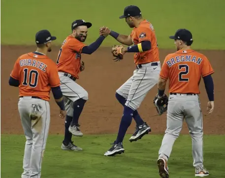  ?? AP ?? SOUND FAMILIAR?: Trailing 3-0 in the ALCS, the Astros won Game 6 last night, 7-4, to become just the second team in baseball history to force a Game 7 after trailing 3-0 in a series. The first was the 2004 Boston Red Sox.