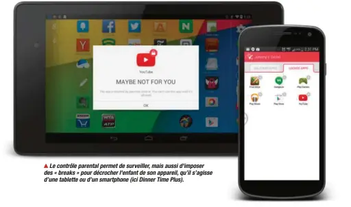  ??  ??   Lecontrôle­parentalpe­rmetdesurv­eiller,maisaussid'imposer des«breaks»pourdécroc­herl'enfantdeso­nappareil,qu’ils’agisse d’unetablett­eoud’unsmartpho­ne(iciDinnerT­imePlus).