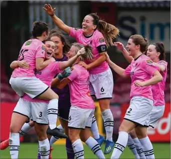  ??  ?? Wexford Youths Women celebratin­g Sunday’s Developmen­t Shield success in Turner’s Cross.