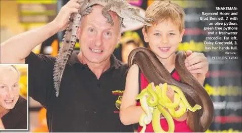  ?? Picture: PETER RISTEVSKI ?? SNAKEMAN: Raymond Hoser and Brad Bennett, 7, with an olive python, green tree pythons and a freshwater crocodile. Far left, Daisy Grootveld, 3, has her hands full.