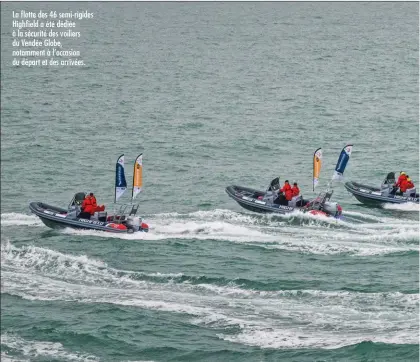  ??  ?? La flotte des 46 semi-rigides Highfield a été dédiée à la sécurité des voiliers du Vendée Globe, notamment à l’occasion du départ et des arrivées.