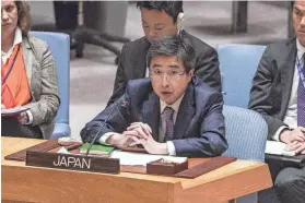  ?? BEBETO MATTHEWS/AP ?? Japan’s United Nations Ambassador, Kimihiro Ishikane, addresses a U.N. Security Council meeting to discuss North Korea’s ballistic missile test Wednesday at U.N. headquarte­rs.