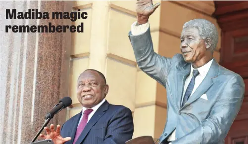  ?? Picture: GCIS ?? President Cyril Ramaphosa addresses the public from the Cape Town City Hall balcony where Nelson Mandela made his first speech after his release from prison 30 years ago. Don‘t thank FW de Klerk for Mandela’s freedom, he told the crowd.