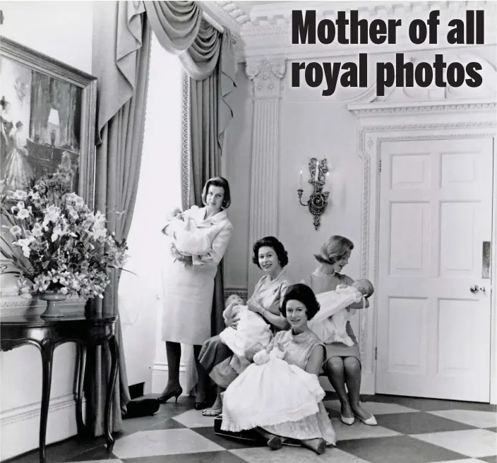  ?? ?? Baby boomers: From left, Princess Alexandra, Queen Elizabeth II, Princess Margaret and the Duchess of Kent in 1964, after all four gave birth within two months