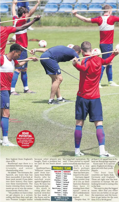  ??  ?? ROAR POTENTIAL Boothroyd (left) puts his young Lions through their paces in Poland yesterday