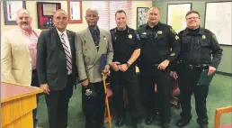  ?? Courtesy photo ?? Ricardo Delano Whitehead, third from left, was honored by Live Oak officials and the Sutter County Sheriff’s Office at Wednesday’s City Council meeting for intervenin­g in an attack last month.