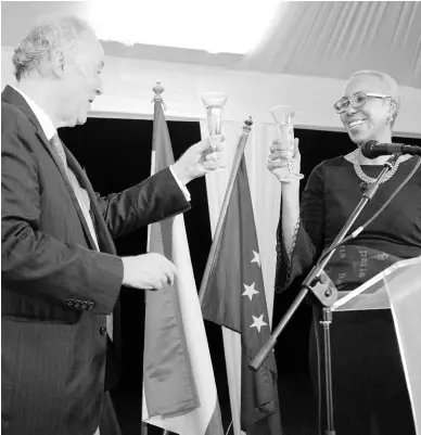  ?? SHORN HECTOR/PHOTOGRAPH­ER ?? Josep Bosch, ambassador of Spain to Jamaica, makes a toast with Fayval Williams, minister of science, energy and technology, at Spain’s National Day celebratio­n on November 7.