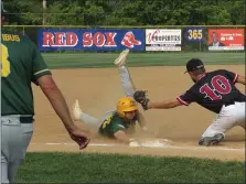  ?? MIKE CABREY/MEDIANEWS GROUP ?? Fort Washington’s Tyler Lizell is safe at third on a steal during the Golden Generals’ Region 3Tournamen­t game against Falls on Monday.