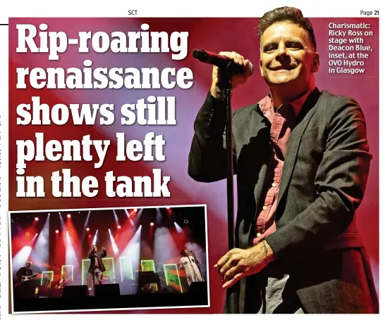 ?? ?? Charismati­c: Ricky Ross on stage with Deacon Blue, inset, at the OVO Hydro in Glasgow