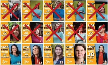  ??  ?? The Lib Dems’ 15 different Jo Swinson Facebook ads, showing 10 versions eliminated according to online feedback