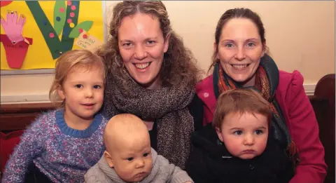  ??  ?? Vivien Galkin with her children, Paige and Arlo and Sharon Freeney with her son, Joey at the ‘Cups against Cancer’ coffee morning and cake sale in aid of the Irish Cancer Society in the Methodist Hall, Gorey.