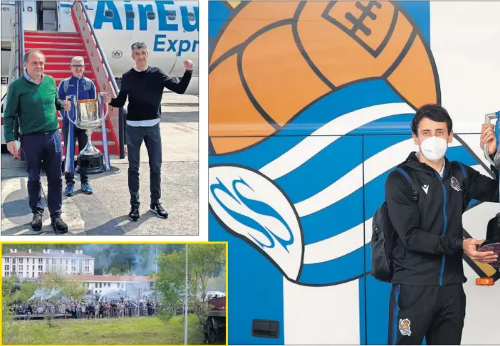  ??  ?? Aperribay, Olabe e Imanol descienden del avión mientras les jalean.
Los capitanes Oyarzabal, autor del gol que decantó la final, e Illarramen­di sostienen el trofeo a la llegada a Donosti