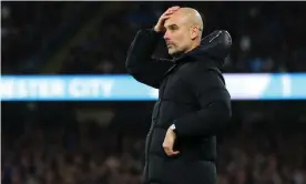  ?? Lynne Cameron/Manchester City FC/Getty Images ?? Pep Guardiola composes himself during City’s 4-1 win in the Manchester derby. Photograph: