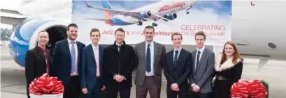  ??  ?? Pictured from left to right are competitio­n winners Gareth Brown, Nick Hayes and Max Jones, Jet2.com and Jet2holida­ys Revenue Director Adam Mulroy, Jet2.com and Jet2holida­ys CEO Steve Heapy, and competitio­nwinners Tyler Adams, Declan Adams and Amy Anderson.