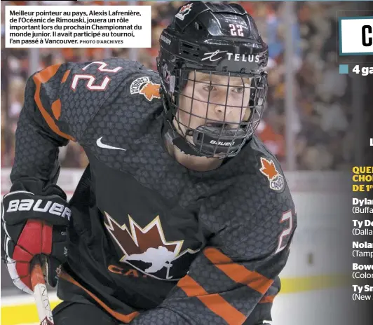  ?? PHOTO D’ARCHIVES ?? Meilleur pointeur au pays, Alexis Lafrenière, de l’Océanic de Rimouski, jouera un rôle important lors du prochain Championna­t du monde junior. Il avait participé au tournoi, l’an passé à Vancouver.