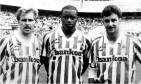  ?? Photograph: miguelezsp­orts/Cordon/PA Images ?? (From left): Kevin Richardson, Dalian Atkinson and John Aldridge during their one season together at Real Sociedad in 1990-91.