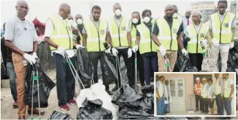  ??  ?? Dangote staffers clearing Oniru block makers’ village, Victoria Island, Lagos. Inset is the handing over of medical equipment to a clinic in Obajana by Dangote Sustainabi­lity Team