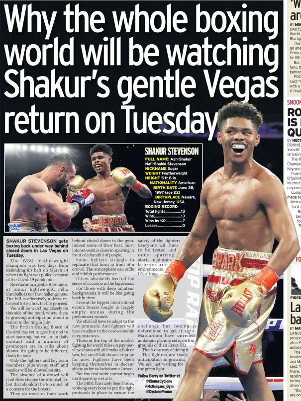  ??  ?? FULL NAME: Ash-shakur Nafi-shahid Stevenson NICKNAME Sugar
WEIGHT Featherwei­ght HEIGHT 5 ft 8 in NATIONALIT­Y American BIRTH DATE June 28, 1997 (age 22) BIRTHPLACE Newark, New Jersey, USA BOXING RECORD
Total fights ................ 13
Wins ............................ 13
Wins by KO ................ 7 Losses ......................... 0
FIRED UP